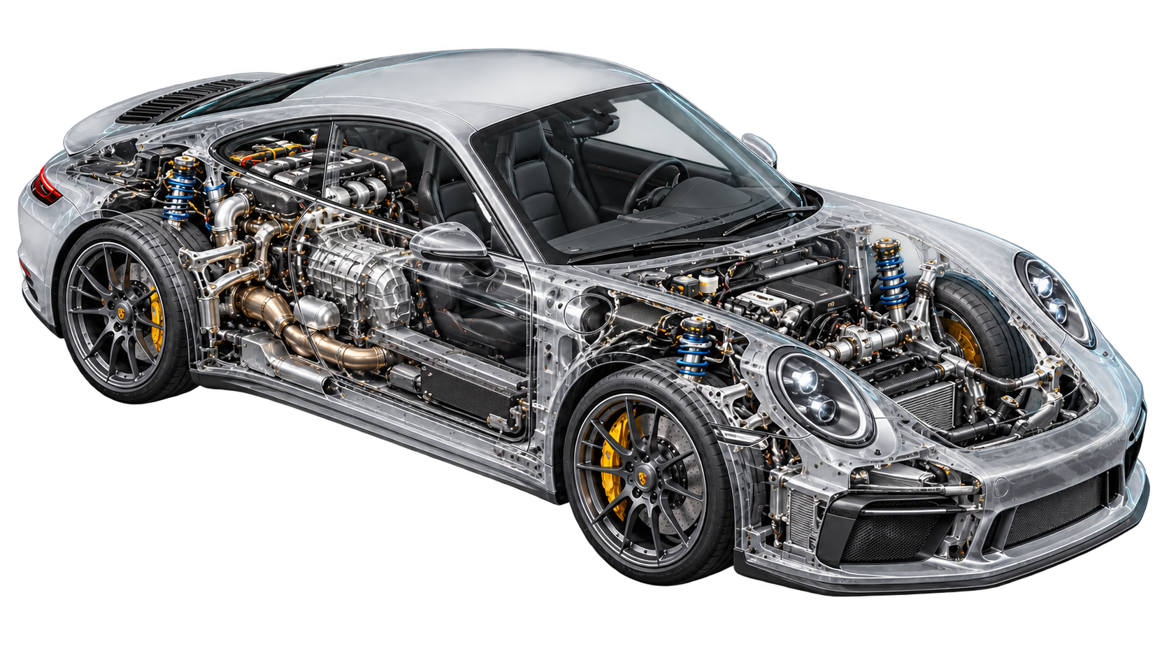 Visualización ilustrativa de un Porsche deportivo con sus componentes mecánicos visibles