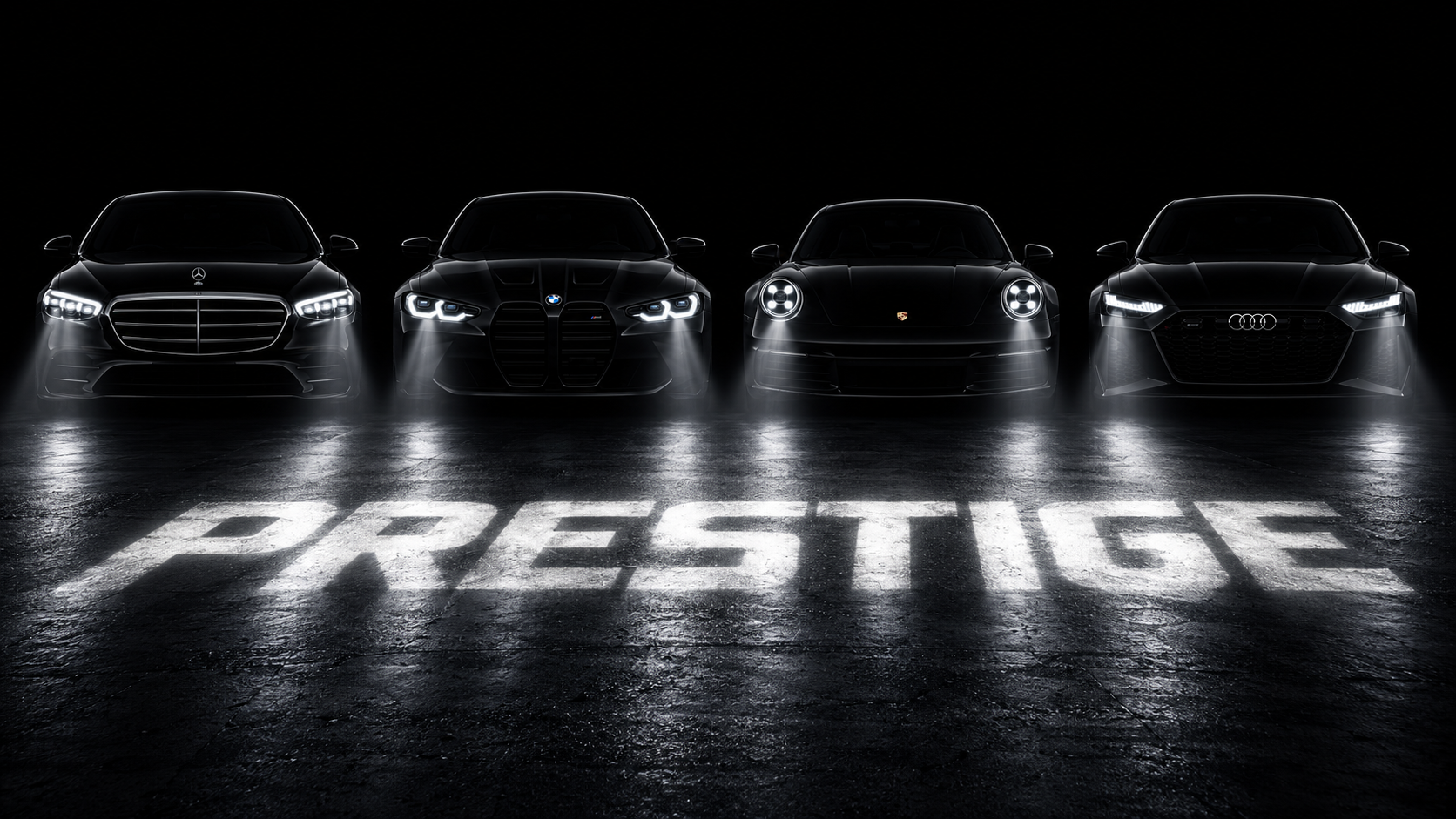 Mercedes-Benz, BMW, Porsche y Audi en la sombra, con faros LED proyectando PRESTIGE como luz sobre el suelo